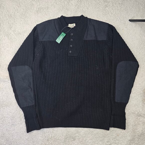 LL Bean Sweater Commando Lambswool Military Patch Black Size Large New vintage - Picture 1 of 8